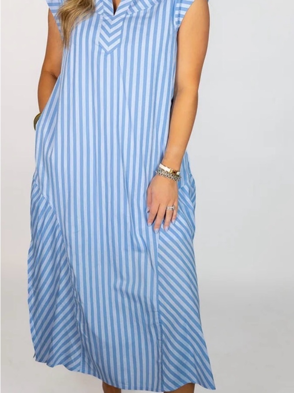 Light Blue Striped Sleeveless Shirt Dress